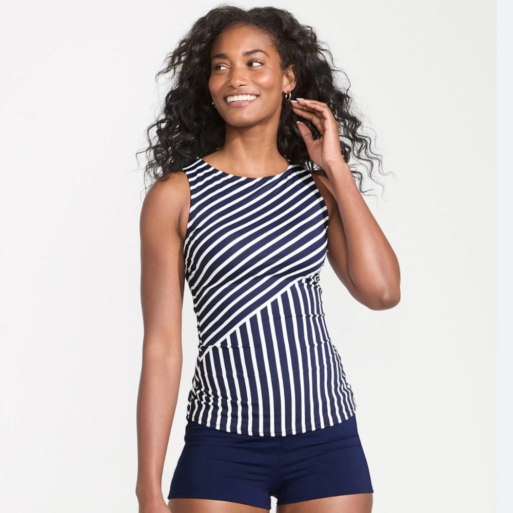 Lands’ End Modest Tankini Swimsuit Top Size 10 UPF 50 Coastal Stripes Nautical
